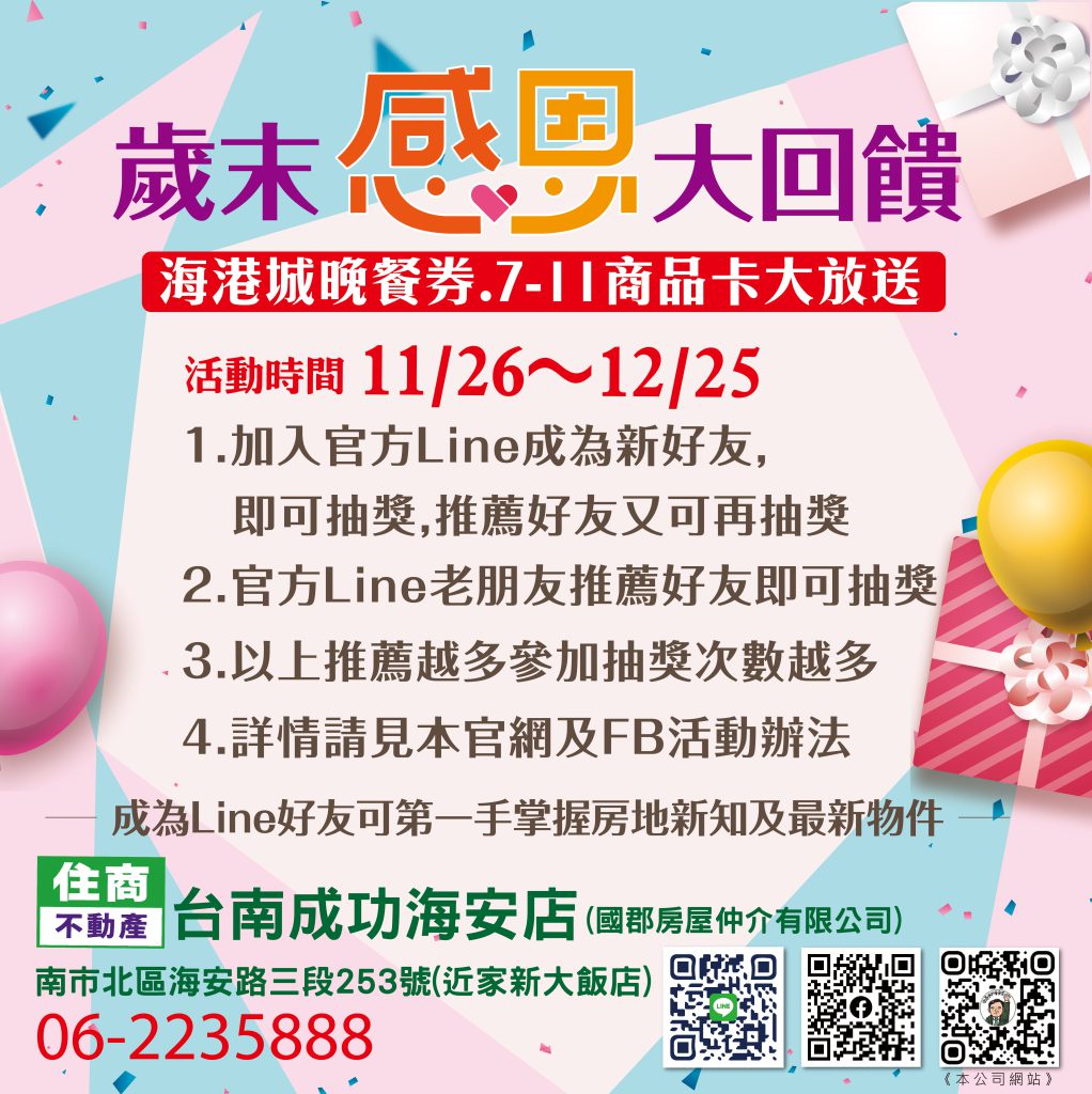 住商台南成功海安店 2022歲末感恩大回饋 海港城晚餐券、7-11商品卡大放送